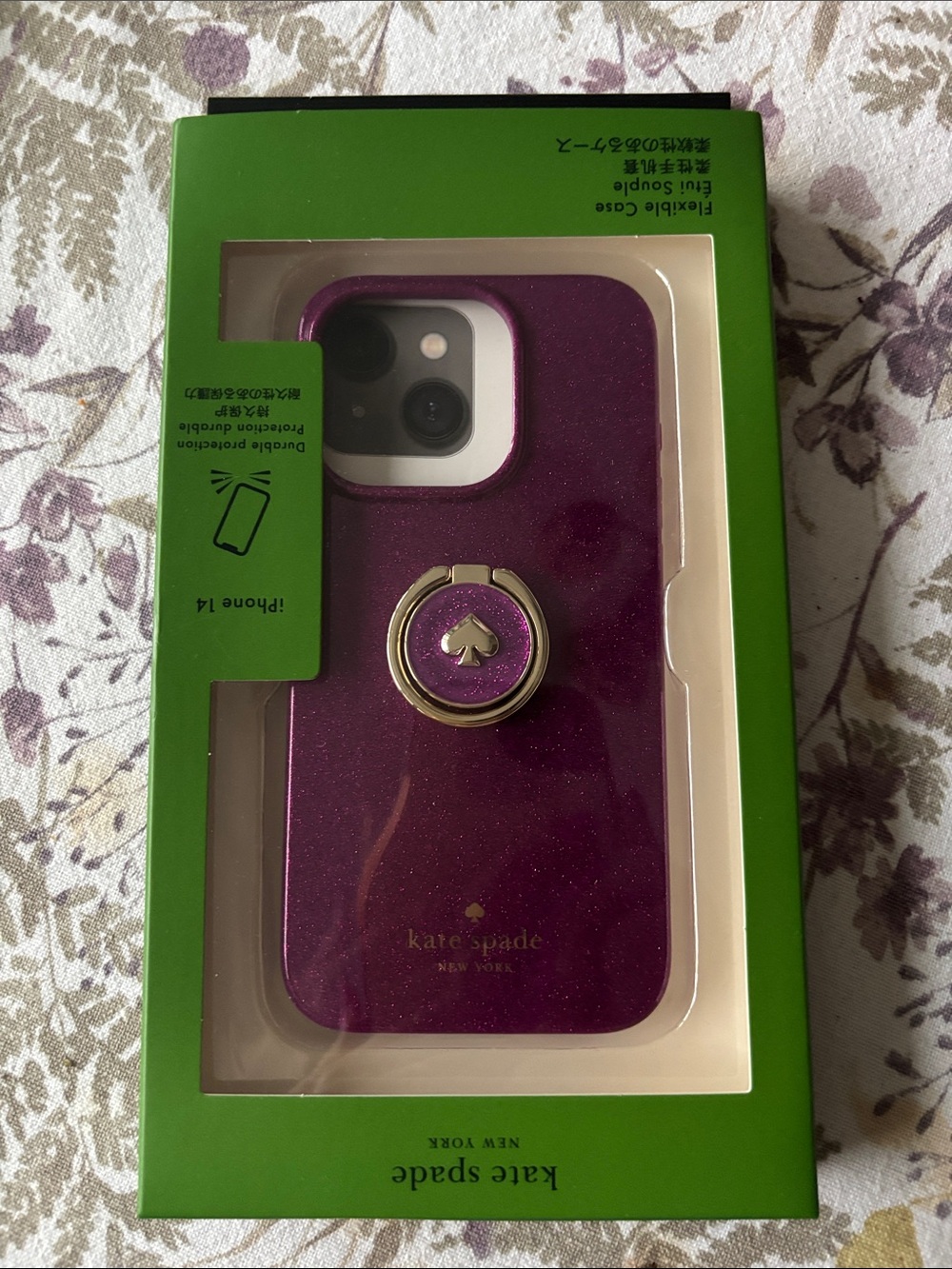 kate spade Plum Glitter iPhone 14 Case with Gold Ring Grip